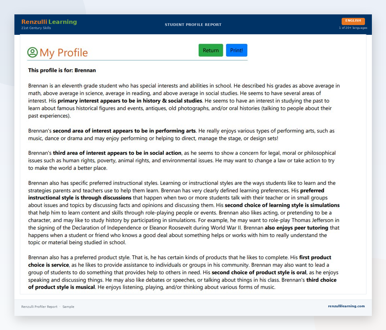 Sample Renzulli Profiler report in English showing Brennan's interests in history, social studies, and performing arts, preferred learning styles including discussions and simulations, and expression styles including service and oral debate