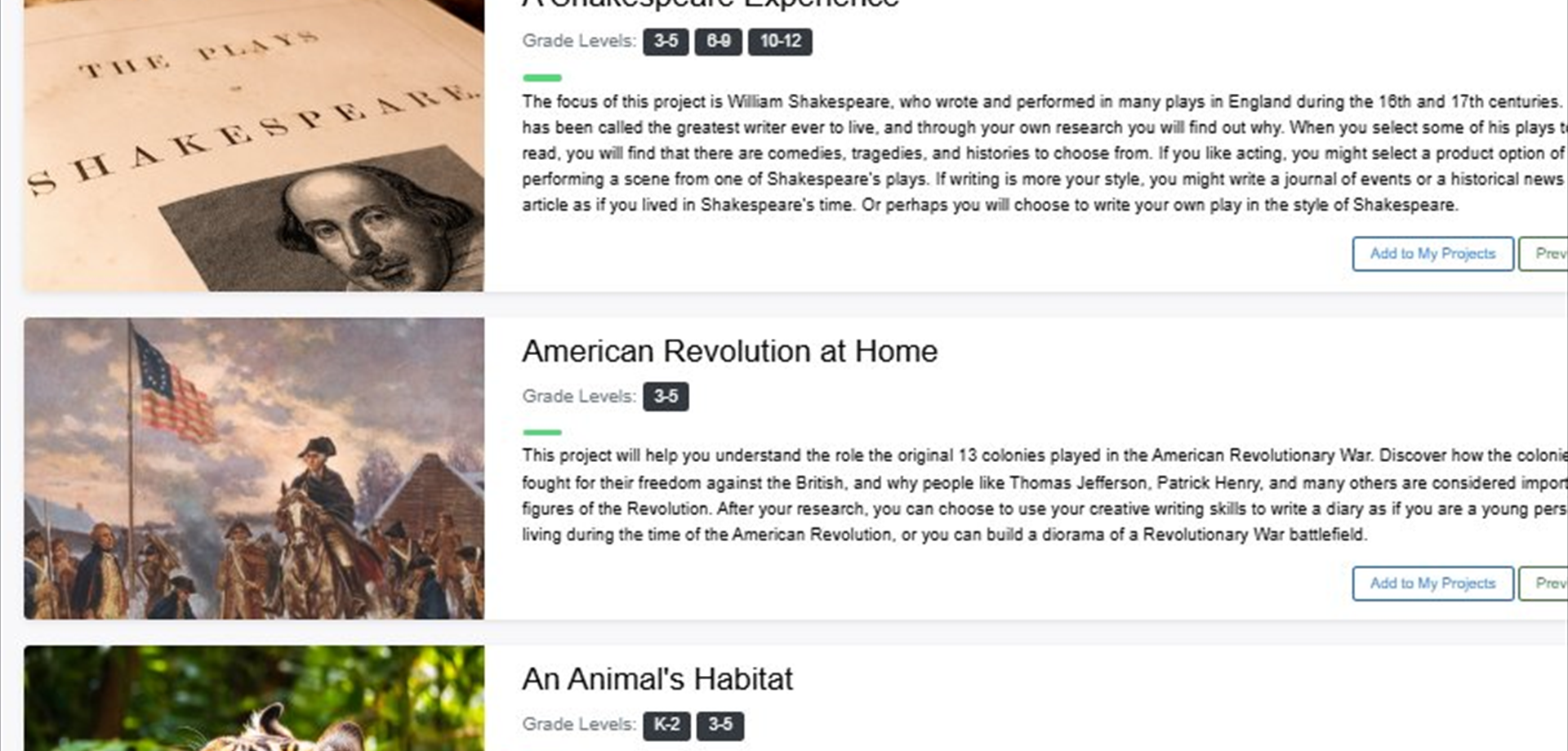 Renzulli Learning My Superstarters — preloaded project cards including A Shakespeare Experience (grades 3-12), American Revolution at Home (grades 3-5), and An Animal's Habitat (grades K-5)