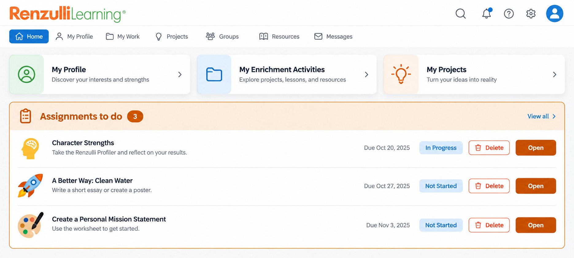The redesigned Renzulli Learning student assignment panel, making it easy for students to see their assignments