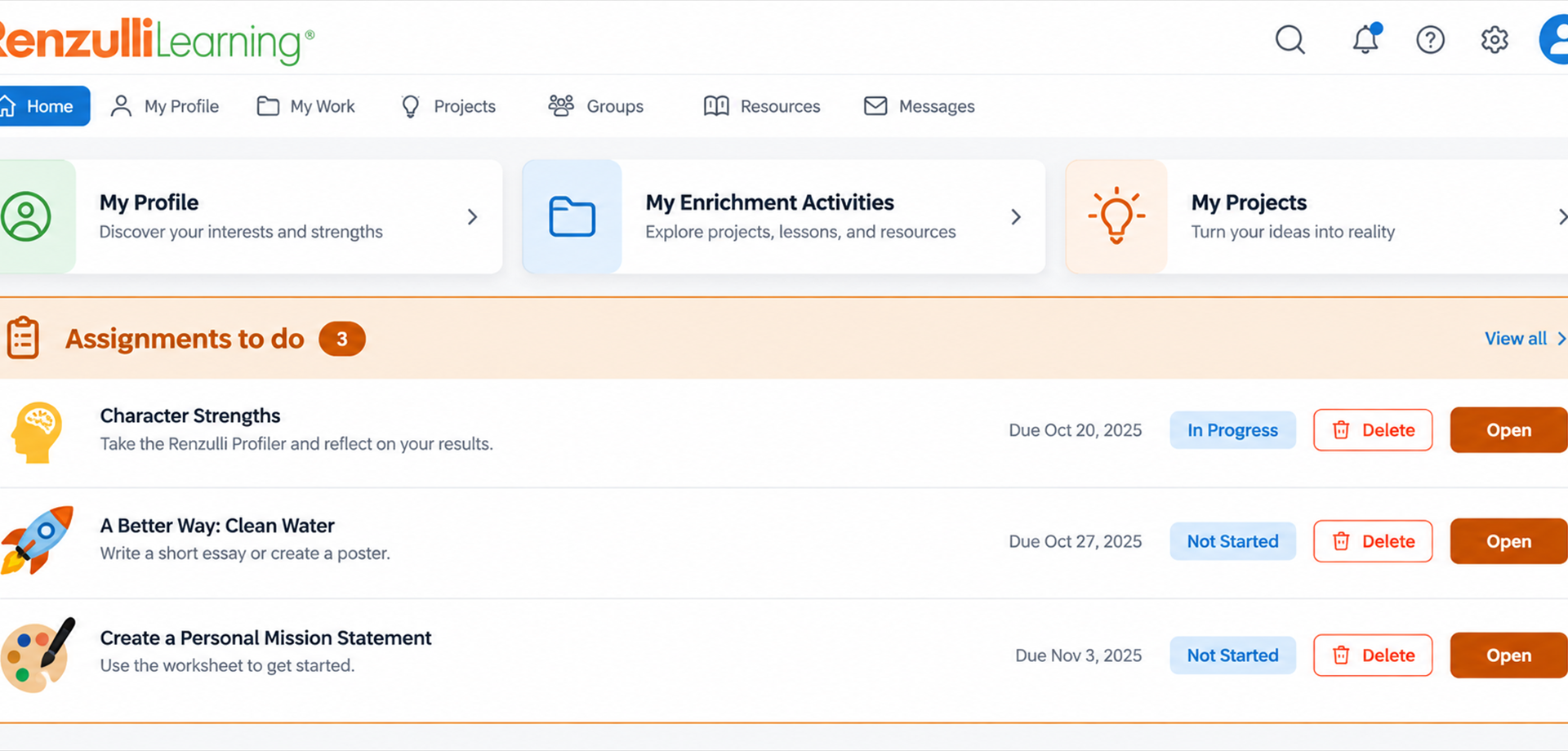 The redesigned Renzulli Learning student assignment panel, making it easy for students to see their assignments