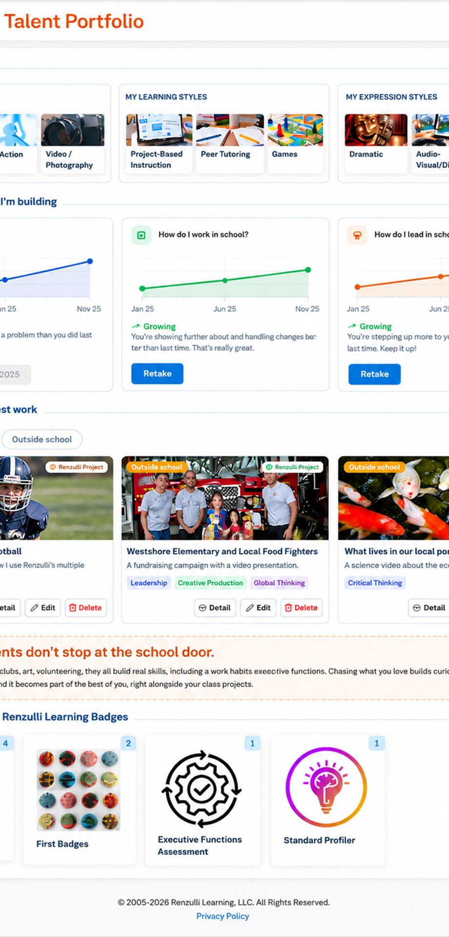 The Total Talent Portfolio on the Renzulli Learning teacher tab, showing a student profile with interests, durable-skill growth, and best work