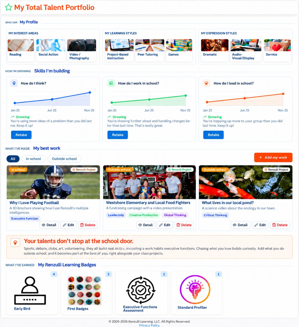 The Total Talent Portfolio on the Renzulli Learning teacher tab, showing a student profile with interests, durable-skill growth, and best work