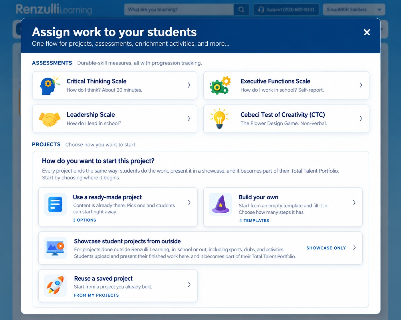 The Renzulli Learning teacher assignment module, where teachers assign assessments and projects from one screen