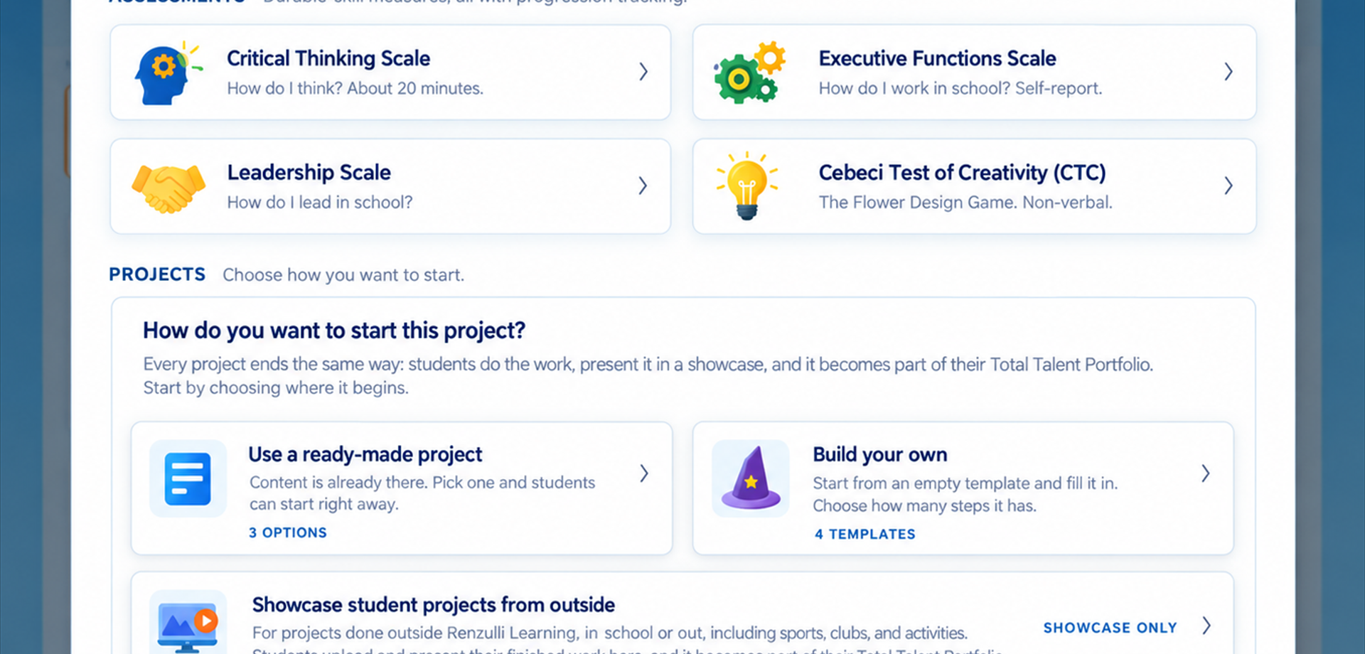 The Renzulli Learning teacher assignment module, where teachers assign assessments and projects from one screen