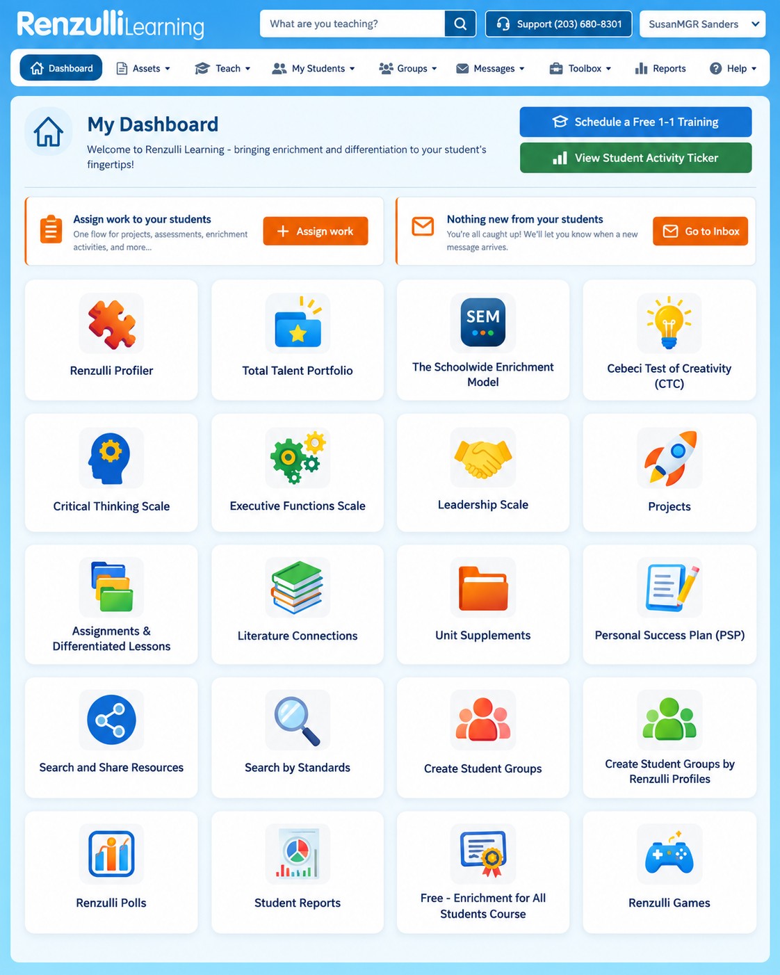 The Renzulli Learning teacher dashboard with the Total Talent Portfolio link and Assignment Module at the top for easy access