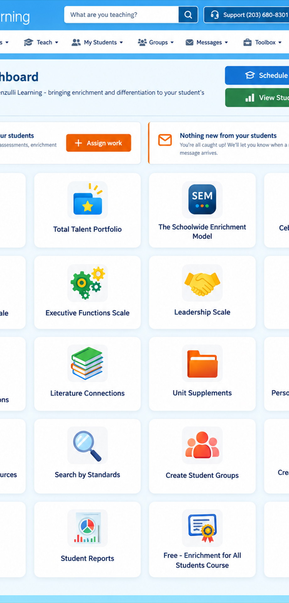 The Renzulli Learning teacher dashboard with the Total Talent Portfolio link and Assignment Module at the top for easy access